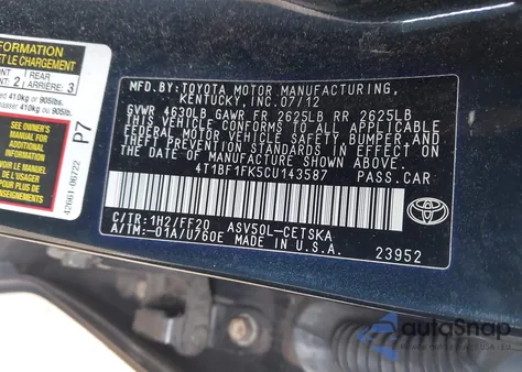 2012 Toyota Camry Se из США, поврежденный, VIN 4T1BF1FK5CU143587